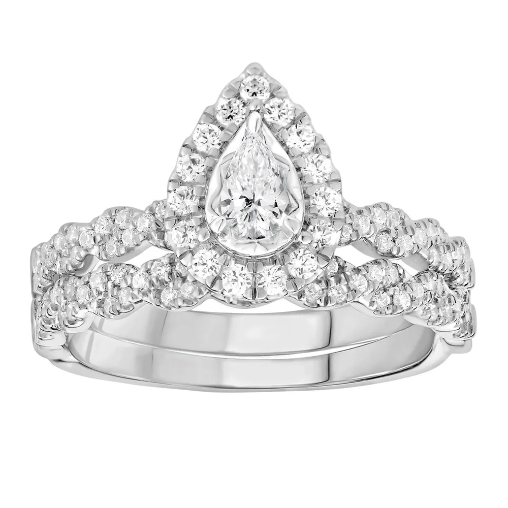 LADIES SEMI MOUNT BRIDAL RING SET 5/8 CT ROUND/PEAR DIAMOND 14K WHITE GOLD(CENTER STONE1/5)