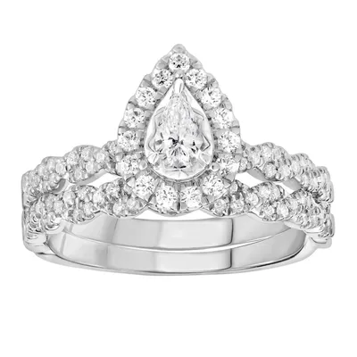 LADIES SEMI MOUNT BRIDAL RING SET 5/8 CT ROUND/PEAR DIAMOND 14K WHITE GOLD(CENTER STONE1/5)