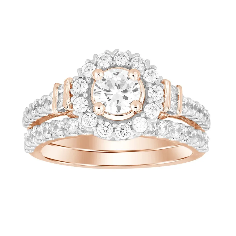 LADIES BRIDAL RING SET 1 5/8 CT ROUND/BAGUETTE DIAMOND 14K ROSE GOLD(CENTER STONE 1/2)