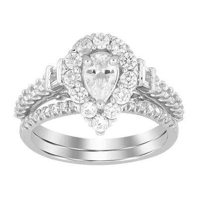 LADIES BRIDAL RING SET 1 1/2 CT ROUND/BAGUETTE/PEAR DIAMOND 14K WHITE GOLD(CENTER STONE 1/2)