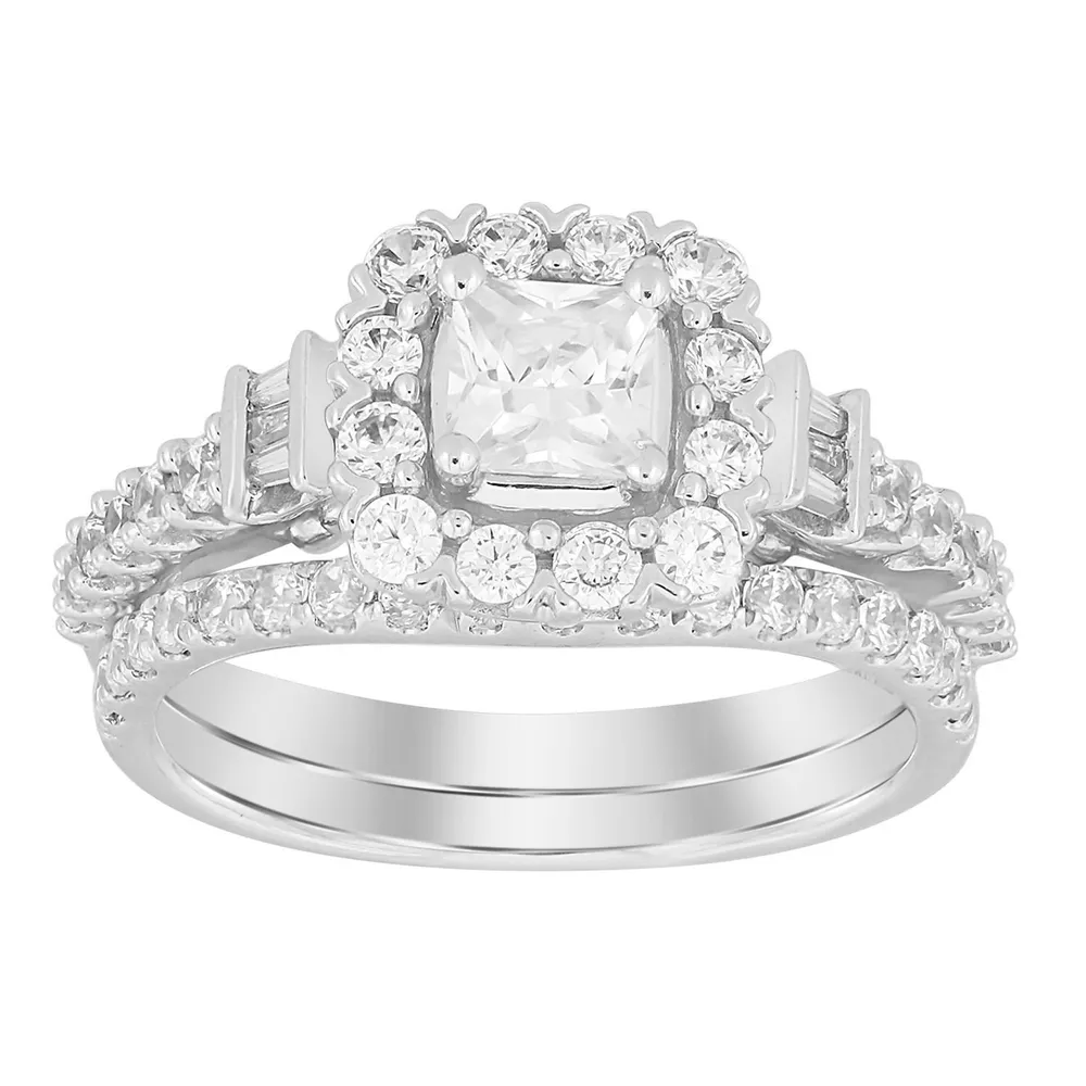 LADIES BRIDAL RING SET 1 5/8 CT ROUND/BAGUETTE/PRINCESS DIAMOND 14K WHITE GOLD(CENTER STONE 5/8)