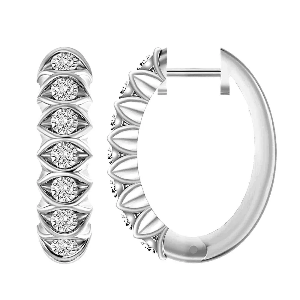 LADIES HOOP EARRING 1/ CT ROUND DIAMOND 10K WHITE GOLD