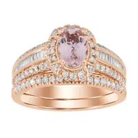 LADIES BRIDAL RING SET 5/8 CT ROUND/PEACH MORGANITE DIAMOND 10K ROSE GOLD(CENTER-3/4)