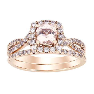 LADIES BRIDAL RING SET 1/2 CT ROUND/CUSHION/PEACH MORGANITE DIAMOND 10K ROSE GOLD(CENTER-1/2)