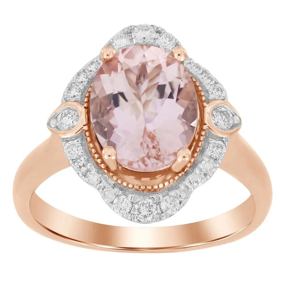 LADIES RING 1/3 CT ROUND/OVAL/PEACH MORGANITE DIAMOND 10K ROSE GOLD(CENTER- 1