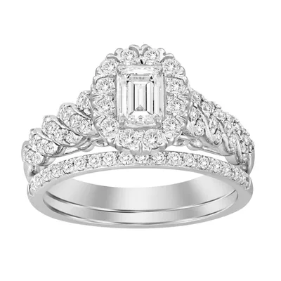 LADIES BRIDAL RING SET 1 CT ROUND/BAGUETTE DIAMOND 14K WHITE GOLD (SI QUALITY)