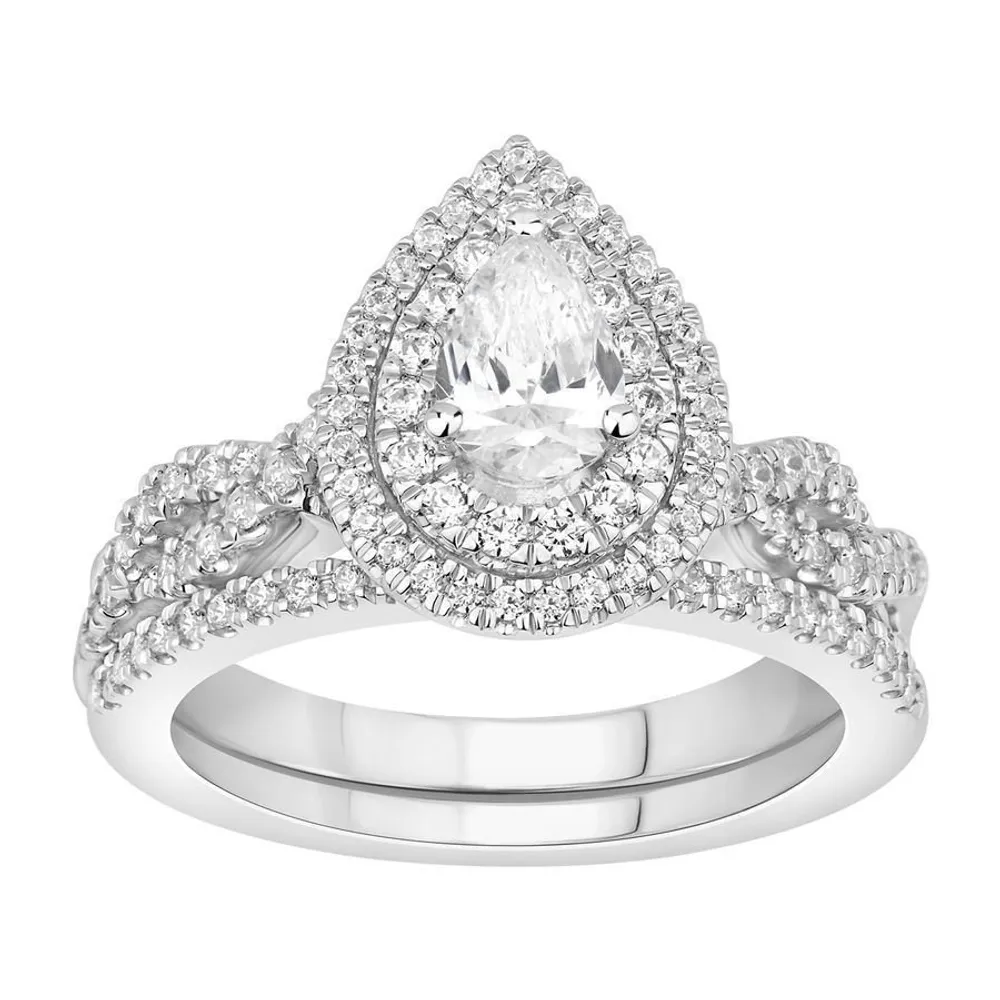 LADIES BRIDAL RING SET 1 1/ CT ROUND/PEAR DIAMOND 14K WHITE GOLD (SI QUALITY
