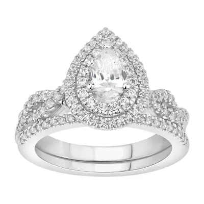 LADIES BRIDAL RING SET 1 1/ CT ROUND/PEAR DIAMOND 14K WHITE GOLD (SI QUALITY