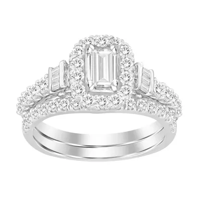 LADIES BRIDAL RING SET 1 1/10 CT ROUND/EMRALD/BAGUETTE DIAMOND 14K WHITE GOLD (SI QUALITY)