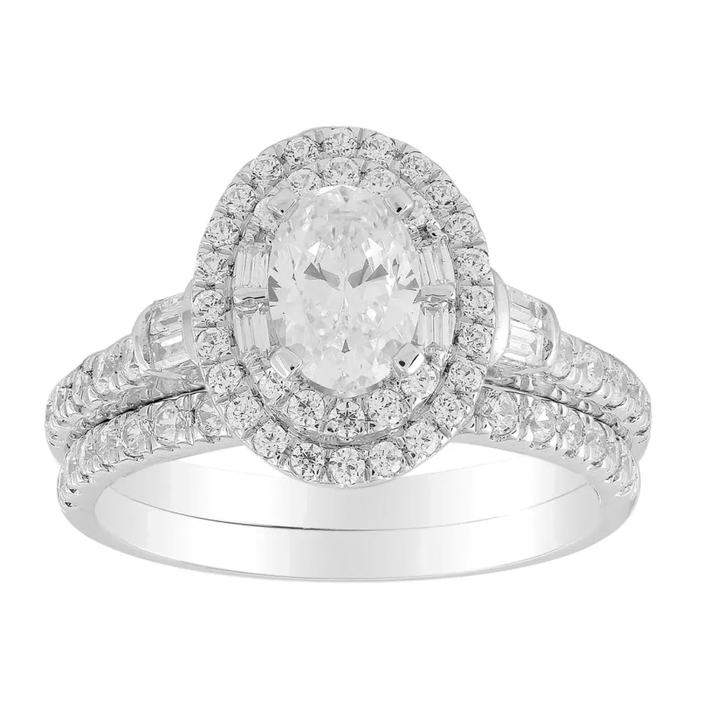 LADIES BRIDAL RING SET 1 1/2 CT OVAL/ROUND/BAGUETTE DIAMOND 14K WHITE GOLD (SI QUALITY)