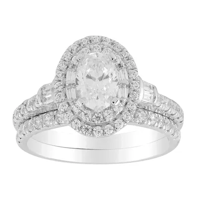 LADIES BRIDAL RING SET 1 1/2 CT OVAL/ROUND/BAGUETTE DIAMOND 14K WHITE GOLD (SI QUALITY)