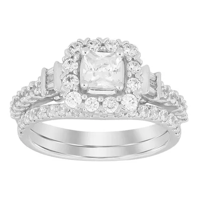 LADIES BRIDAL RING SET 1 1/2 CT PRINCESS/ROUND/BAGUETTE DIAMOND 14K WHITE GOLD (SI QUALITY)