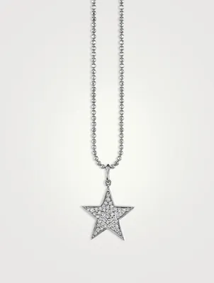 14K White Gold Medium Star Pendant Necklace With Diamonds