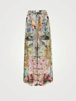 Belted High-Waisted Palazzo Pants Crowned Cranes Print