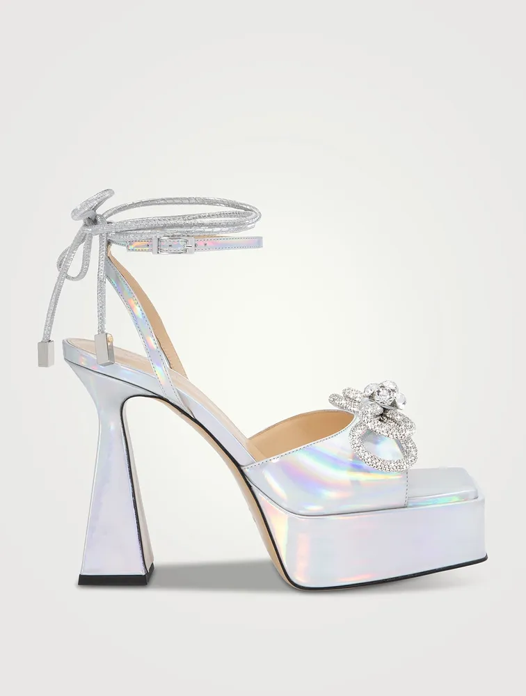 Double Bow Crystal-Embellished Leather Platform Sandals