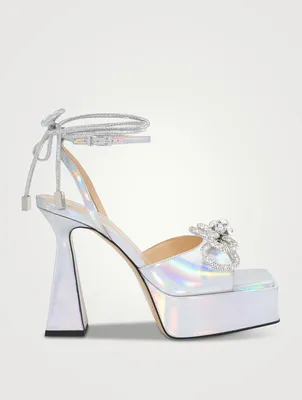 Double Bow Crystal-Embellished Leather Platform Sandals