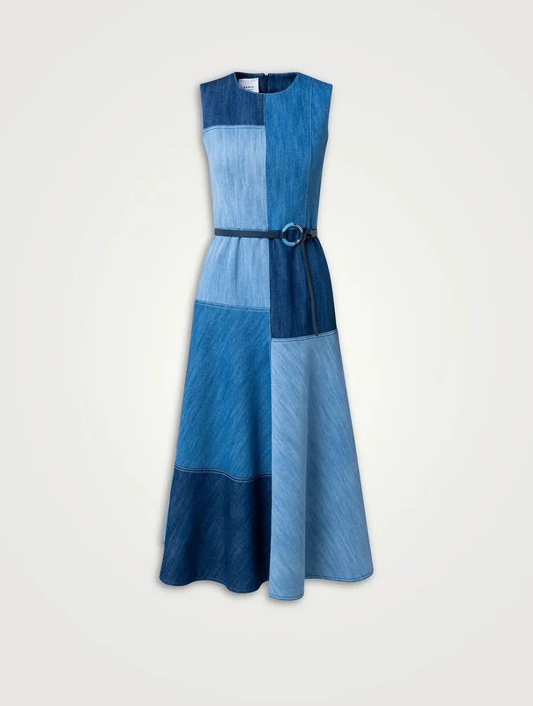 Belted Patchwork Denim Midi Dress