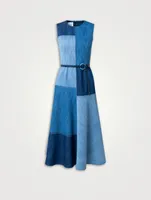 Belted Patchwork Denim Midi Dress