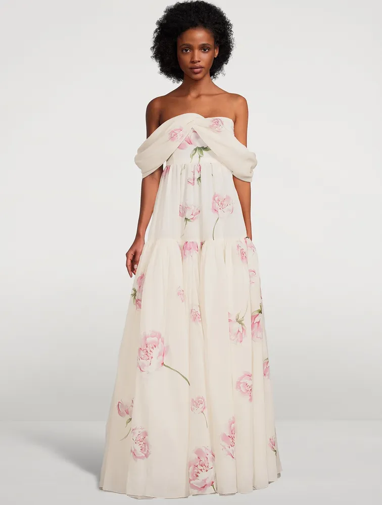 Silk Georgette Off-The-Shoulder Gown Winter Rose Print