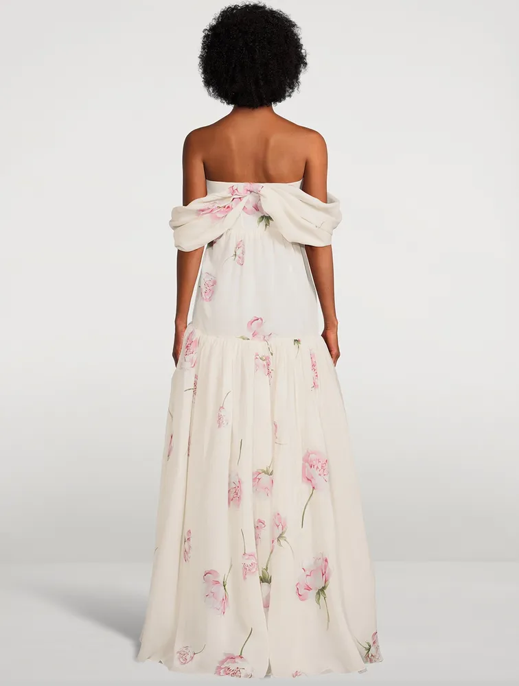 Silk Georgette Off-The-Shoulder Gown Winter Rose Print