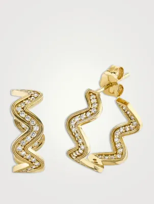 Medium 14K Gold Wavy Hoop Earrings With Diamonds
