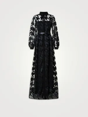 Belted Houndstooth-Embroidered Tulle Gown
