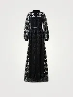 Belted Houndstooth-Embroidered Tulle Gown