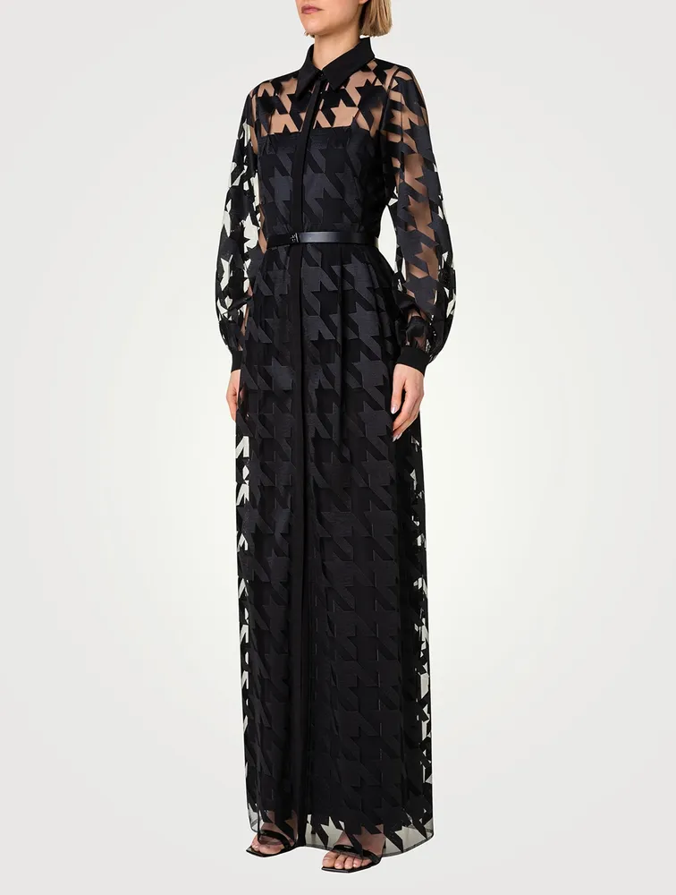 Belted Houndstooth-Embroidered Tulle Gown