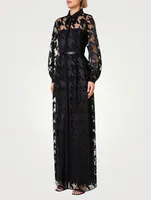 Belted Houndstooth-Embroidered Tulle Gown