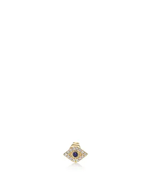 Small 14K Gold Bezel Evil Eye Stud Earring With Sapphire And Diamonds