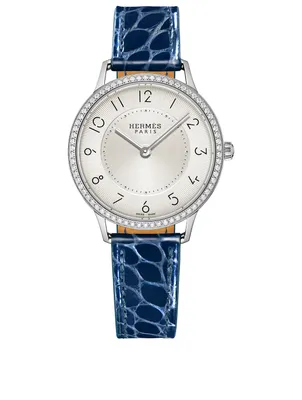 Slim D'Hermès PM Alligator Strap Watch With Diamonds, 32mm