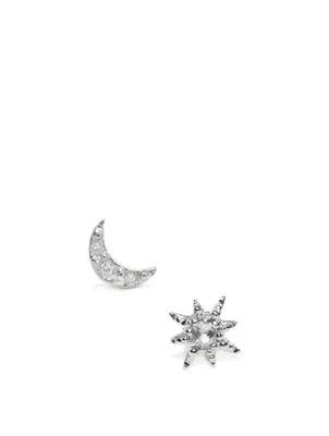 Aztec Silver Moon Crescent And Starburst Mix Stud Earrings With White Sapphire And Topaz