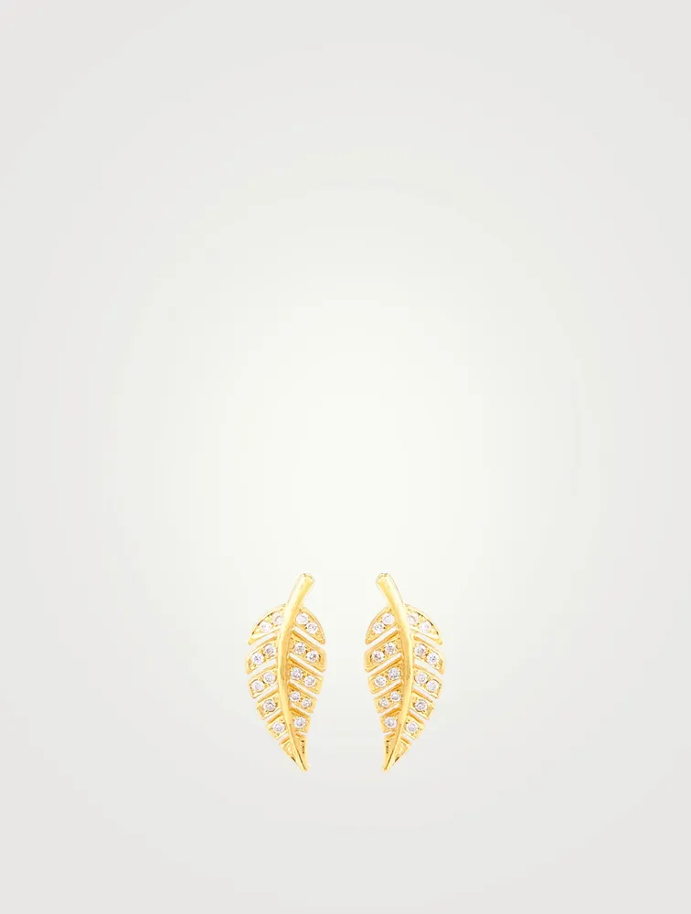 Mini 18K Gold Leaf Stud Earrings With Diamonds