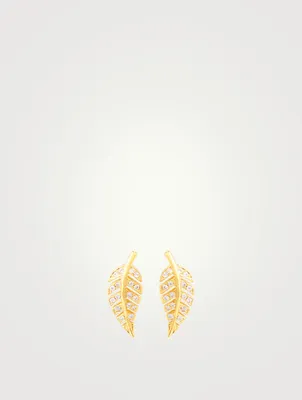 Mini 18K Gold Leaf Stud Earrings With Diamonds