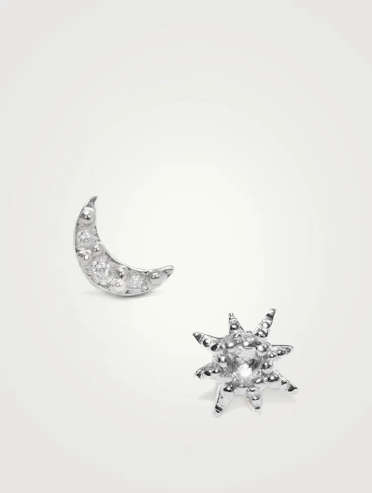 Aztec Silver Moon Crescent And Starburst Mix Stud Earrings With White Sapphire And Topaz