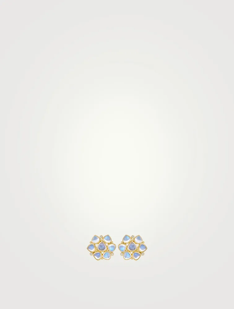 Small 18K Gold Cluster Earrings With Royal Blue Moonstone And Diamonds