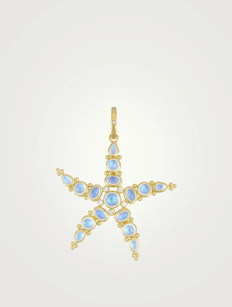 18K Gold Large Sea Star Pendant With Royal Blue Moonstone And Diamonds