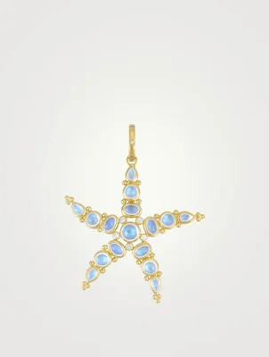 18K Gold Large Sea Star Pendant With Royal Blue Moonstone And Diamonds