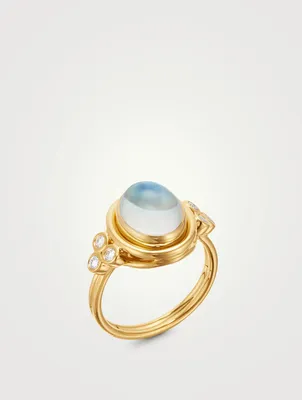 18K Gold Classic Temple Oval Ring With Royal Blue Moonstone And Diamond