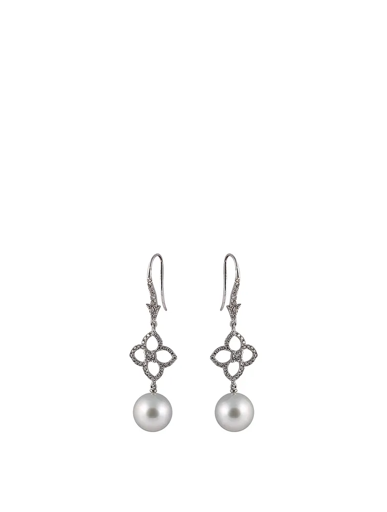 18K White Gold South Sea Pearl Flower Earrings With Diamonds