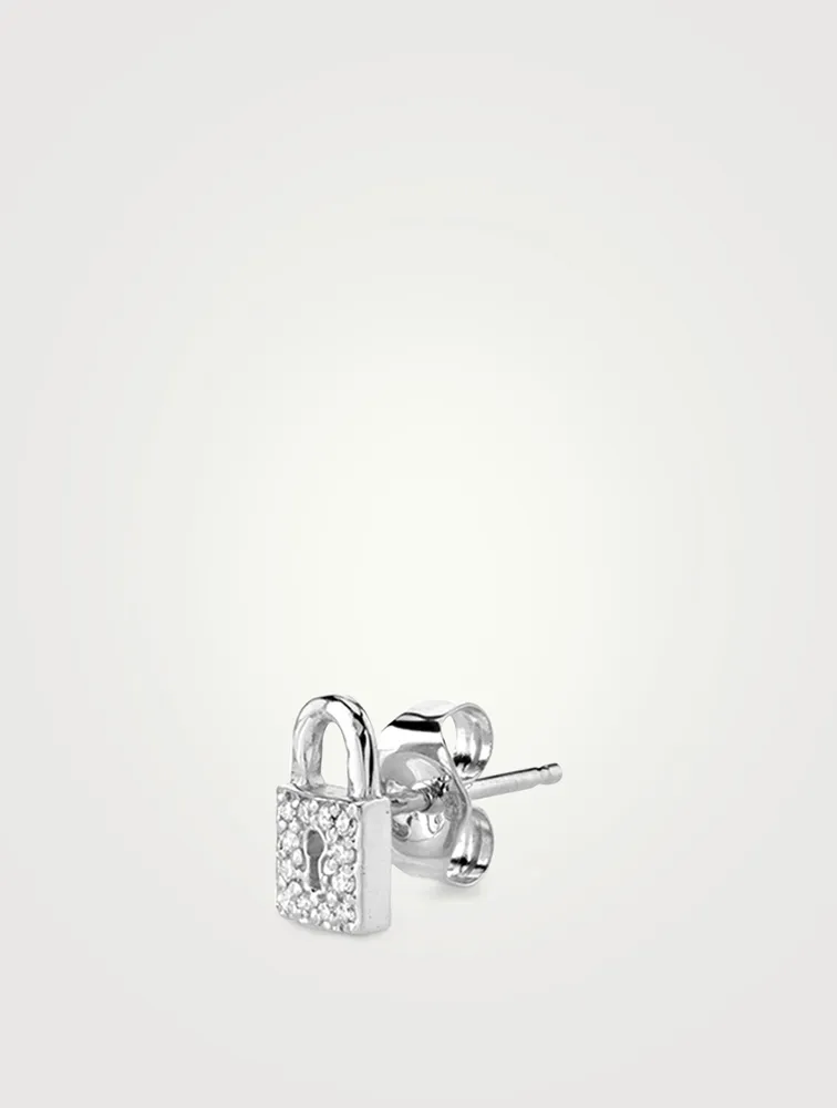 Small 14K White Gold Key Hole Lock Stud Earring With Diamonds