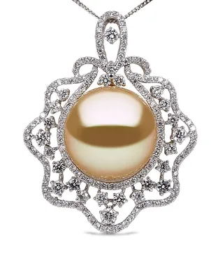18K White Gold Golden Pearl And Diamond Pendant Necklace