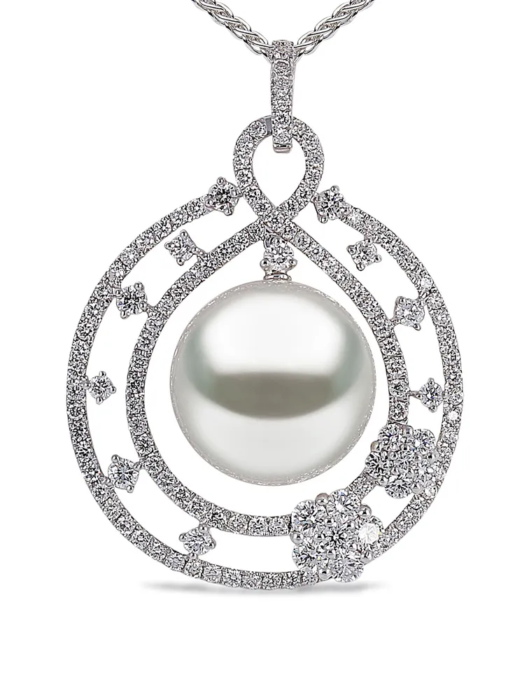 18K White Gold Pearl And Diamond Pendant Necklace