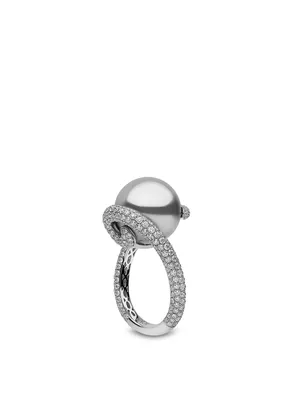 18K White Gold Grey Pearl And Diamond Ring