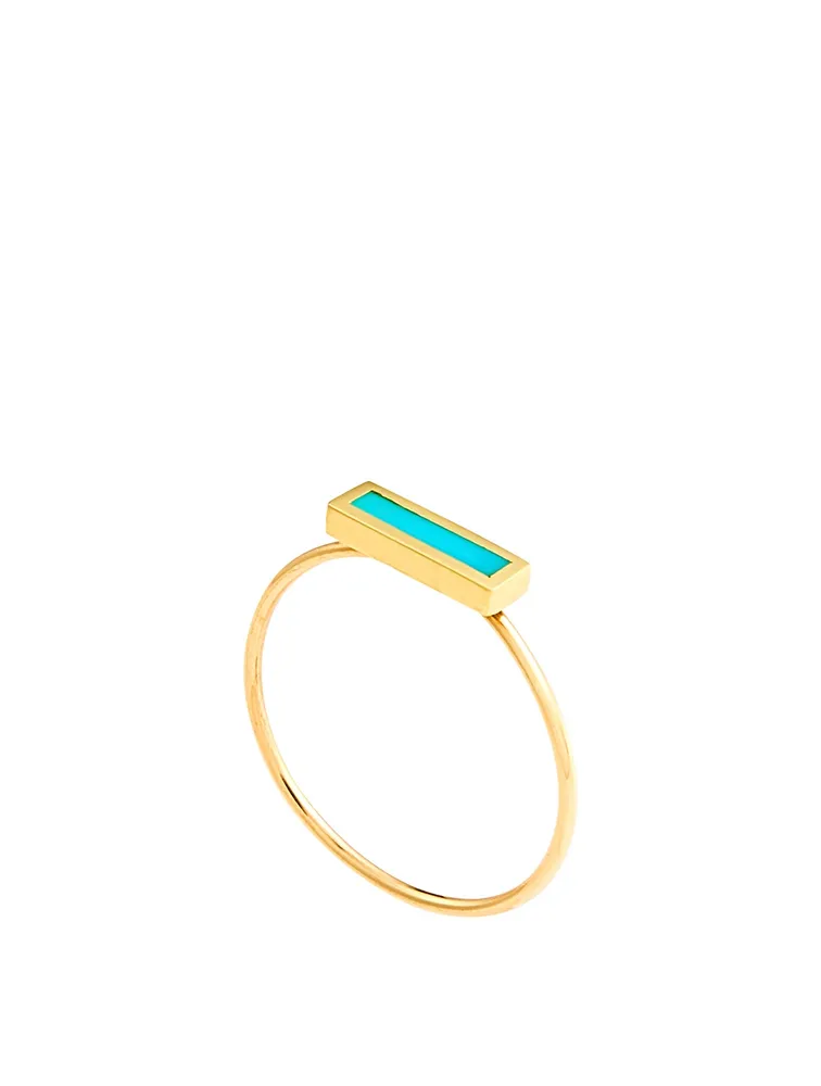 Gold Short Bar Ring With Turquoise Inlay