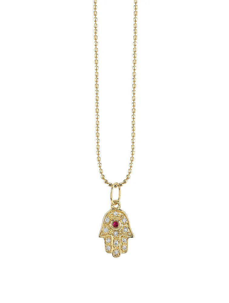 Small 14K Gold Hamsa Charm Necklace With Diamonds And Ruby