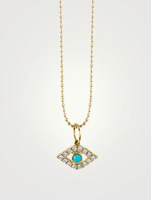14K Gold Large Diamond Bezel Evil Eye Charm Necklace