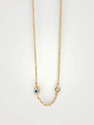 Mini 14K Gold Evil Eye Necklace With Diamond Bezel