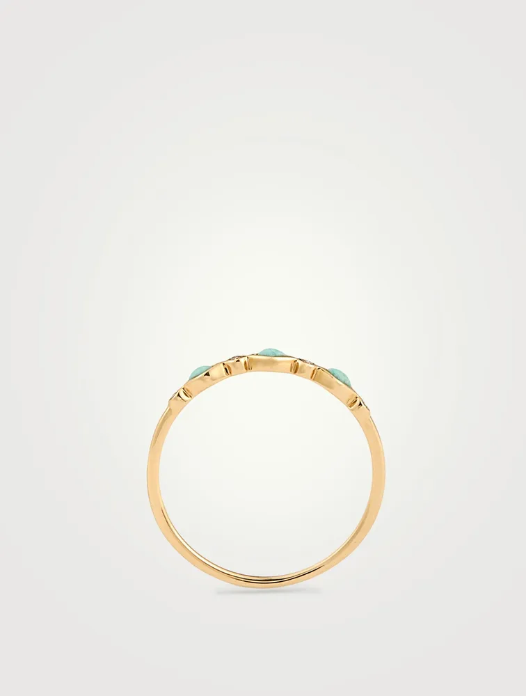 14K Gold Triple Turquoise Ring With Diamonds