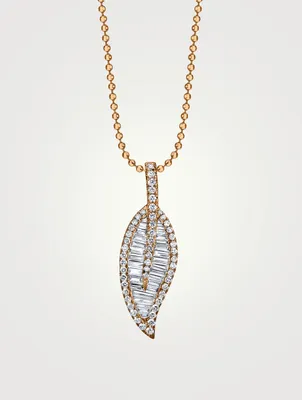 Large 18K Rose Gold Leaf Pendant Necklace With Diamonds